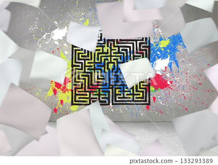 Papers in front of grey wall with maze and splashes Papers in front of grey wall with maze and splashes 133293389