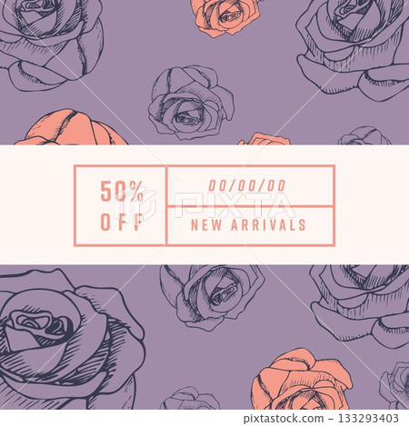 Image of 50 percent off new arrivals text with roses on purple background 133293403