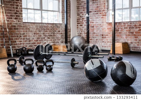 Warehouse-style gym equipment is being shown in flat design with kettlebells, barbells, plyo boxes 133293411