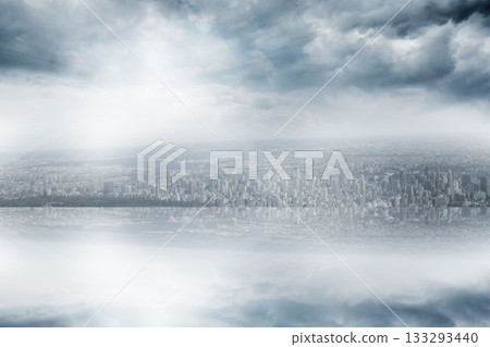 Room with large window looking on city 133293440