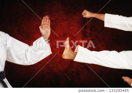 Fighters posing against colored background Fighters posing against colored background 133293485