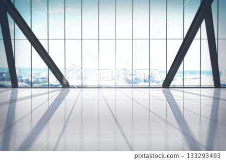 Flat design showing spacious interior hall with glass wall, diagonal beams, glossy floor, skyline 133293493