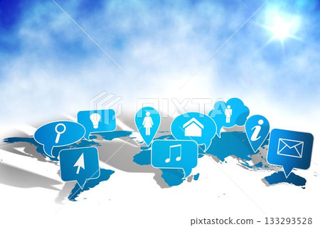 Bright blue speech bubble icons are floating above grey world map in flat design Bright blue speech bubble icons are floating above grey world map in flat design 133293528