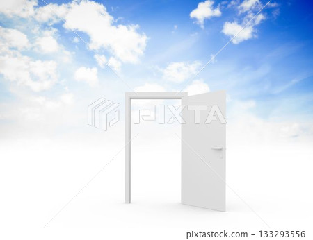 Flat design doorframe is floating with open door and handle on white plane under blue sky Flat design doorframe is floating with open door and handle on white plane under blue sky 133293556