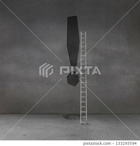 Showing flat design with white ladder leaning on grey wall, black exclamation mark, cracked floor Showing flat design with white ladder leaning on grey wall, black exclamation mark, cracked floor 133293594