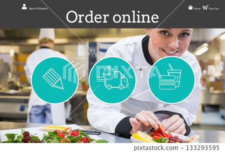 Female chef is arranging fresh fruit platter in flat design kitchen scene with teal icons 133293595