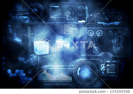 Cluster of holographic data panels is floating in dark void in 3D render, displaying UI details Cluster of holographic data panels is floating in dark void in 3D render, displaying UI details 133293598