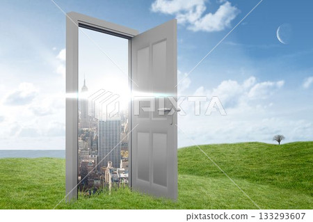 Open door with cityscape on green hill Open door with cityscape on green hill 133293607