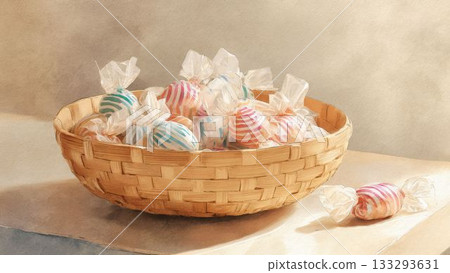 桌上擺放的糖果籃圖片，水彩風格 133293631