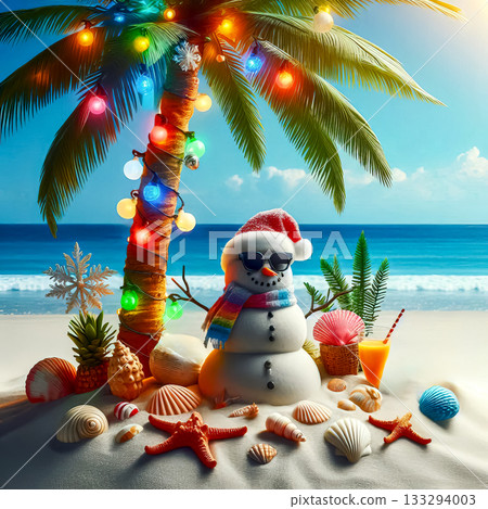snowman under palm trees bright sun on seashore, christmas in tropics, holiday season 133294003