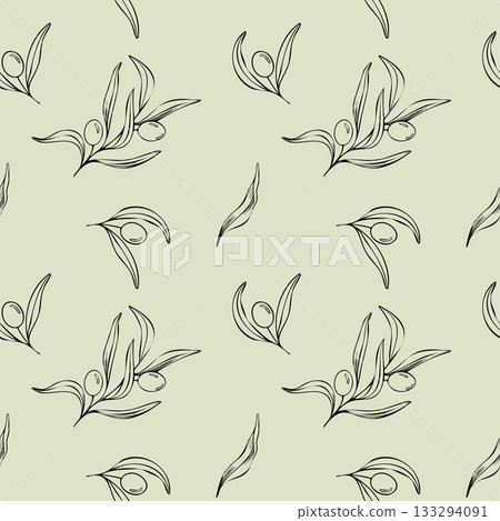 Seamless pattern of olive branch with berries and leaves. Hand drawn line art illustration. Olive color background with the symbol of Italy or Greek. Outline print for fabric, textile, wallpaper Seamless pattern of olive branch with berries and leaves. Hand drawn line art illustration. Olive color background with the symbol of Italy or Greek. Outline print for fabric, textile, wallpaper 133294091