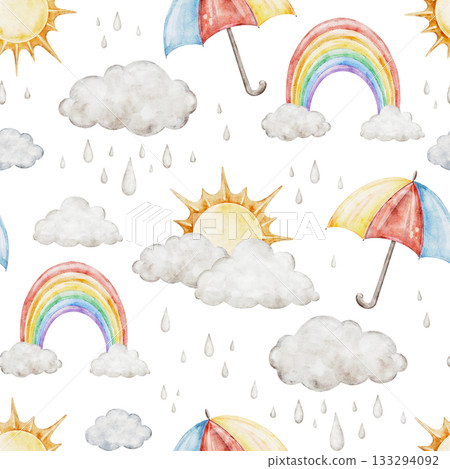 Children seamless pattern with umbrella, rainbows, sun, and fluffy rain clouds for fabrics, for kids goods,linen, pajamas. Watercolor hand drawn illustration. Children seamless pattern with umbrella, rainbows, sun, and fluffy rain clouds for fabrics, for kids goods,linen, pajamas. Watercolor hand drawn illustration. 133294092