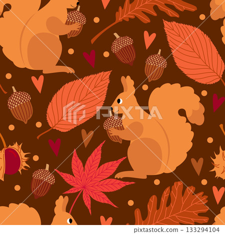 Vector autumn seamless pattern with leaves, squirrels, acorns and chestnuts 133294104