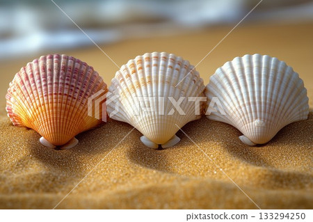 Beautiful seashells nestled in golden sand on a serene beach during a sunny day 133294250
