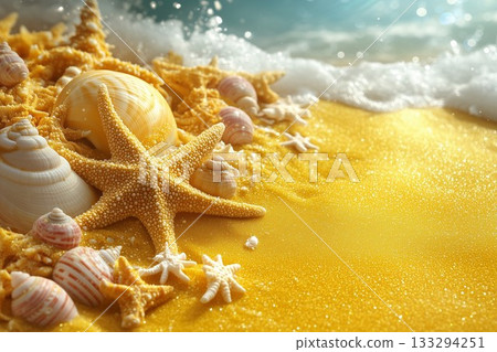 Golden beach sand filled with seashells and a starfish near the gentle waves during sunset 133294251