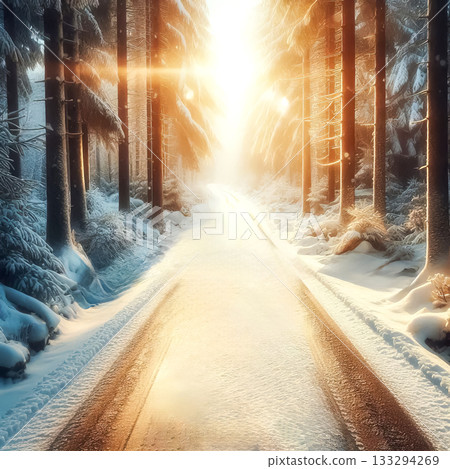 you are my snowy road going through a snowy forest in the rays of the setting sun 133294269
