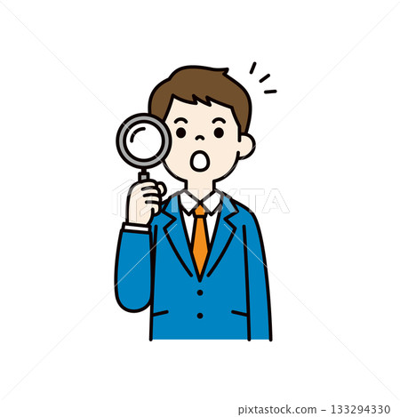 A simple upper body vector illustration of a young businessman surprised with a magnifying glass_Color A simple upper body vector illustration of a young businessman surprised with a magnifying glass_Color 133294330