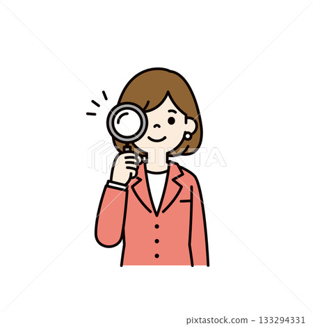 A simple upper body vector illustration of a young business woman smiling and looking through a magnifying glass_Color A simple upper body vector illustration of a young business woman smiling and looking through a magnifying glass_Color 133294331