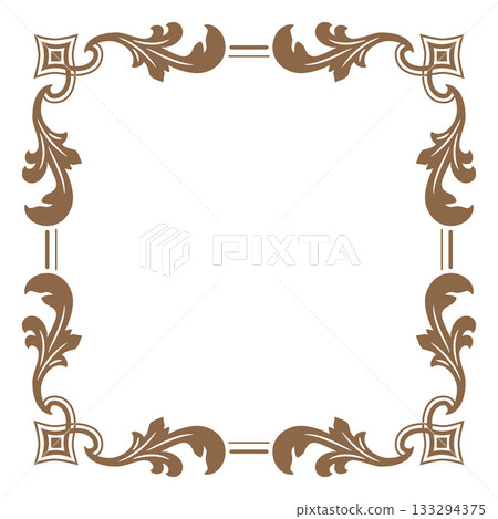 Brown vintage ornate frame, vector fancy decorative element, square ornament border, line floral art flourish design 133294375