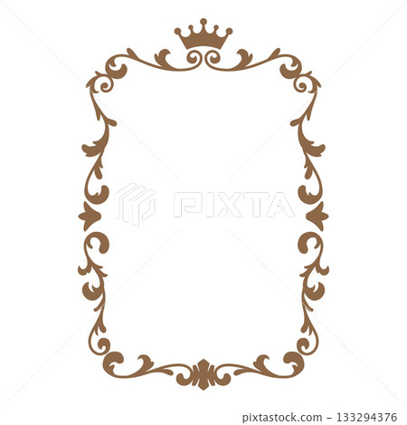 Brown vintage ornate frame, vector fancy decorative element, royal rectangle ornament border with crown, line floral art 133294376