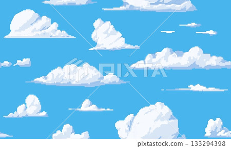 Clouds vector pixel seamless pattern, cartoon cloudy weather forecast with squared contour, bitmap 8 bit meteorology 133294398