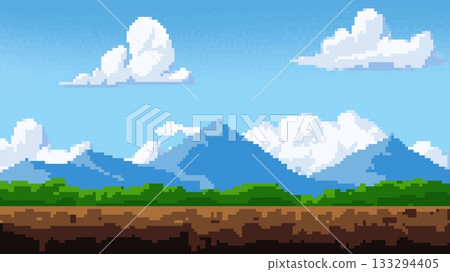 Pixel art background with a daytime landscape, clouds, land, trees, and mountains. 8-bit. Pixel art background with a daytime landscape, clouds, land, trees, and mountains. 8-bit. 133294405