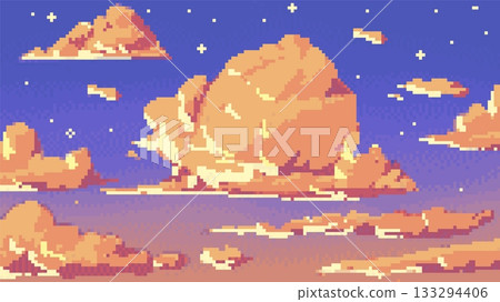 Orange pixel clouds of varying shapes in a sunset sky with stars, 8-bit. 133294406