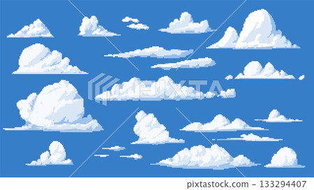 Clouds vector pixel set on blue, cartoon cloudy weather forecast with squared contour, bitmap retro 8 bit meteorology Clouds vector pixel set on blue, cartoon cloudy weather forecast with squared contour, bitmap retro 8 bit meteorology 133294407