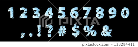 Cracked blue numbers and symbols, broken font, glass or ice effect. 133294411