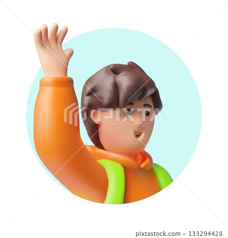 A 3D boy in an orange hoodie happily waves, close-up, in a round frame with a blue background. 133294428