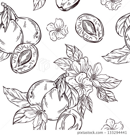 Seamless vector pattern of plums, prunes, leaves and flowers of fruit trees. All objects are hand-drawn. The illustration is perfect for printing on fabric, paper, for packaging dried fruits. 133294441