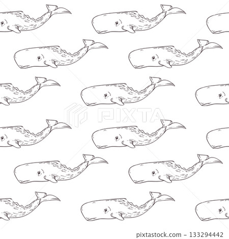 Vector seamless pattern from sperm whale drawing, all objects are hand-drawn in ink and translated into vector. Vector pattern is perfect for printing on children's textiles, paper, wallpaper. Vector seamless pattern from sperm whale drawing, all objects are hand-drawn in ink and translated into vector. Vector pattern is perfect for printing on children's textiles, paper, wallpaper. 133294442