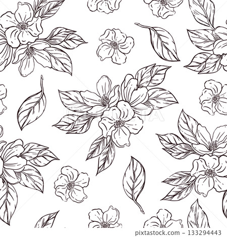 Vector seamless pattern of apple and plum blossoms, leaves, all objects hand-drawn with ink and translated into vector. Illustration is perfect for printing on paper and fabric, for design. Vector seamless pattern of apple and plum blossoms, leaves, all objects hand-drawn with ink and translated into vector. Illustration is perfect for printing on paper and fabric, for design. 133294443