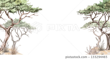 Rectangular frame with African acacia trees. Isolated watercolor illustration for interior design, eco-projects, travel agency websites and brochures, and apparel printing. Rectangular frame with African acacia trees. Isolated watercolor illustration for interior design, eco-projects, travel agency websites and brochures, and apparel printing. 133294465