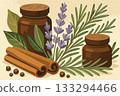Assortment of spices and herbs, including cinnamon sticks, fragrant lavender, rosemary and brown wooden jars for spices on light beige background. Vector still life illustration 133294466