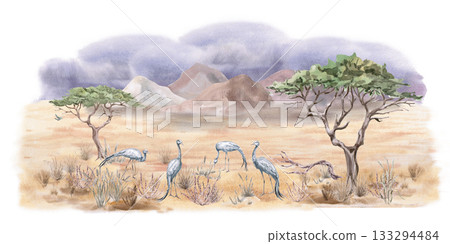 African steppe landscape with grey cranes. Isolated watercolor illustration for interior design, eco-projects, travel agency websites and brochures, company branding, and apparel printing. African steppe landscape with grey cranes. Isolated watercolor illustration for interior design, eco-projects, travel agency websites and brochures, company branding, and apparel printing. 133294484