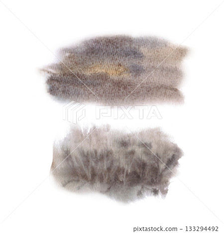 Watercolor spots in brown-beige shades with transitions and imitation vegetation. Watercolor texture for complementing projects, landscape design, and pattern design. 133294492