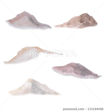 A set of mountain landscape images. Isolated watercolor illustrations for interior design, eco-projects, travel agency websites and brochures, company branding, and clothing printing. 133294496