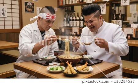 Smiling motorcycle gang friends enjoying lunch at a restaurant 133294585