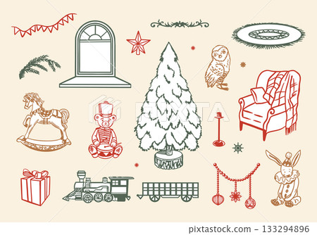 Christmas set with a tree, toy horse, teddy bear, bunny, gift and train. Hand drawn line art illustration. Vector pastel clip art for New Years and Christmas cards. Suitable for banners and posters. Christmas set with a tree, toy horse, teddy bear, bunny, gift and train. Hand drawn line art illustration. Vector pastel clip art for New Years and Christmas cards. Suitable for banners and posters. 133294896