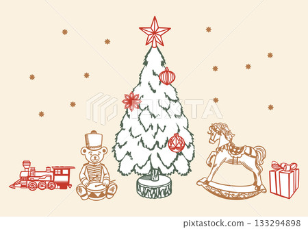 Christmas tree decorated with ornaments, baubles, with a toy horse, teddy bear, train and gift standing nearby. Hand drawn line art illustration. Vector clip art for Christmas, New Years cards. 133294898