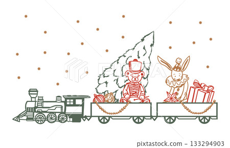 Toy train with carriages and a seated bear and rabbit. Hand drawn line art illustration. Vector clip art for Christmas and New Years cards and invitations. Suitable for banners and posters. 133294903
