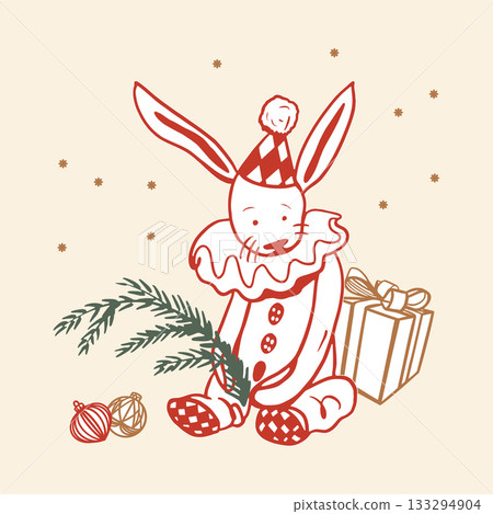 Bunny in a party hat holding a fir branch and a gift behind him. Hand drawn line art illustration. Vector clip art for Christmas and New Years cards and invitations. Suitable for banners and posters. 133294904
