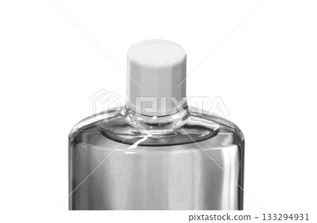 A transparent bottle of hair growth product with a screw cap 133294931
