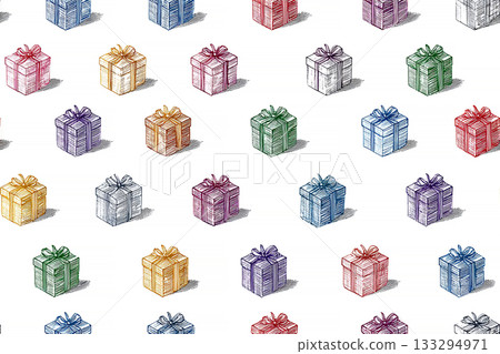 Classic gift. Holiday. Seamless pattern. Bright gift boxes. Hand drawn. Minimalist style. 133294971
