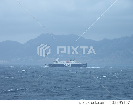 Strait of Gibraltar, view from the ferry towards Spain, between Algeciras and New Tangier, bad weather 133295107