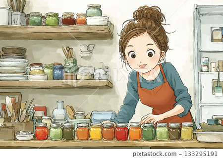 Miyu Series: Miyu sorts bottled jam by label in a refrigerated warehouse Miyu Series: Miyu sorts bottled jam by label in a refrigerated warehouse 133295191