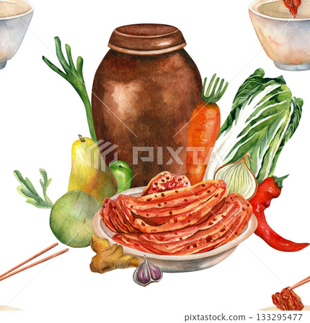 Kimchi watercolor illustrations for gimjang. Seamless pattern white background. Vat with fresh vegetables for cooking. For cards, scrapbooking and textiles Kimchi watercolor illustrations for gimjang. Seamless pattern white background. Vat with fresh vegetables for cooking. For cards, scrapbooking and textiles 133295477