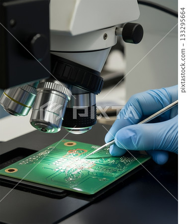A gloved hand uses precision to inspect a circuit board under a microscope, highlighting detailed analysis in electronics and engineering A gloved hand uses precision to inspect a circuit board under a microscope, highlighting detailed analysis in electronics and engineering 133295664