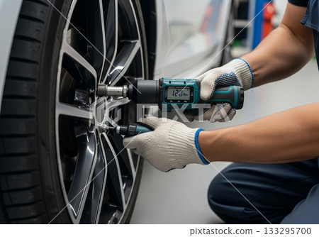 A mechanic tightens lug nuts on a car tire with a torque wrench, ensuring proper torque and safety. The task reflects maintenance and automobile care 133295700